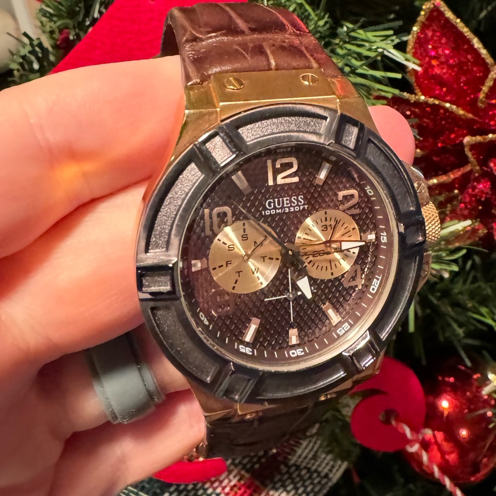 Guess men’s gold brown leather watch